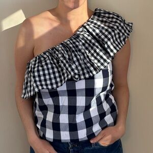 J. Crew Blue and White Gingham One-Shoulder Blouse